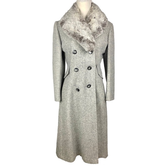1970's Vintage Gray Wool Fur Collared Double Breasted Duster Coat - Picture 8 of 10